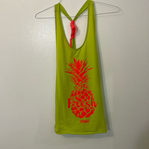 Zumba neon green & pink muscle shirt tank top no size label, pineapple graphic - Picture 1 of 5